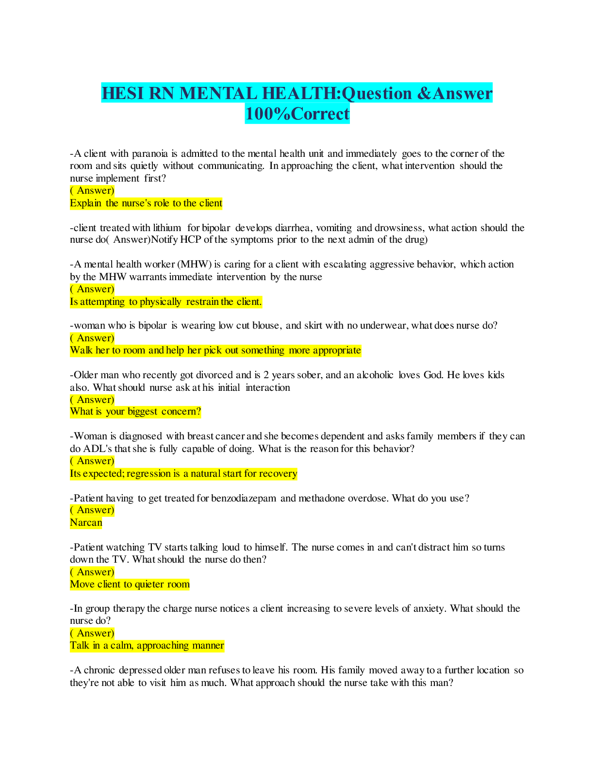Preview image for HESI RN MENTAL HEALTH V1